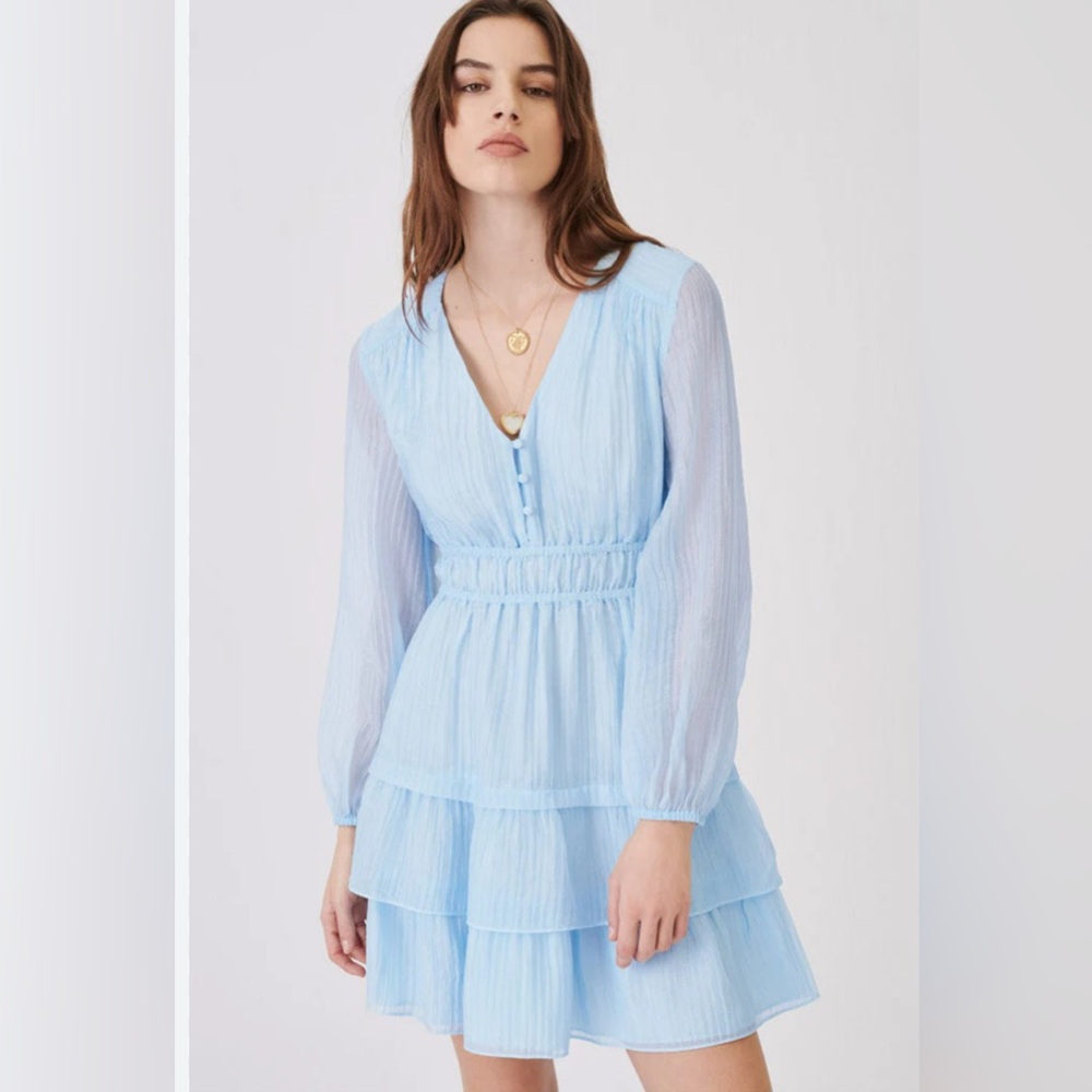 Maje Roubelia Ruffled Crinkle Dress in light blue